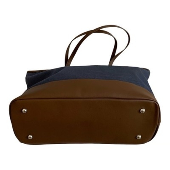 VESSEL Brown Blue Denim Canvas Leather Tote Bag Weekend Shoulder Zip Very Good - Picture 8 of 12